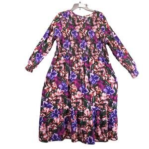 Terra & Sky Floral Tiered Smocked Midi‎ Dress Plus Size 2X Pockets Puff Sleeve